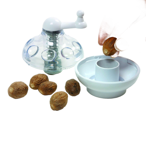 Transparent spice grinder with a white crank handle and stainless steel blades, designed for safely grinding nuts and hard spices, ideal for Kitchen & Food, Brewing Coffee and Tea, and Best Sellers collections.