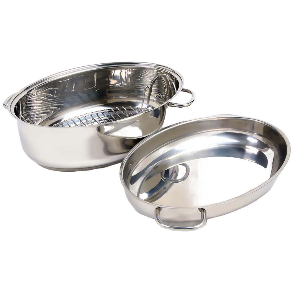 Polished stainless steel roasting pan with a rack and removable lid, designed for roasting large poultry and meats; featured in Kitchen & Food, Cookware, Pots and Pans, Best Sellers.