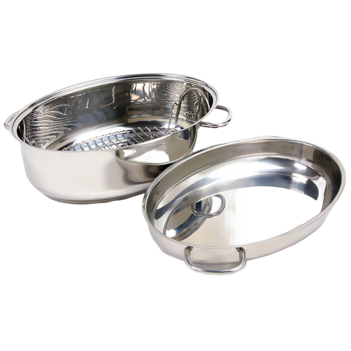 Polished stainless steel roasting pan with a rack and removable lid, designed for roasting large poultry and meats; featured in Kitchen & Food, Cookware, Pots and Pans, Best Sellers.