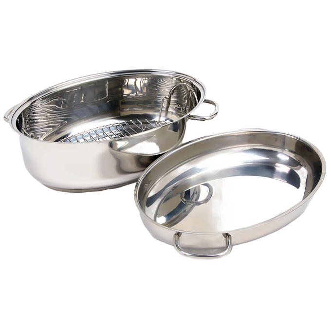 Polished stainless steel roasting pan with a rack and removable lid, designed for roasting large poultry and meats; featured in Kitchen & Food, Cookware, Pots and Pans, Best Sellers.
