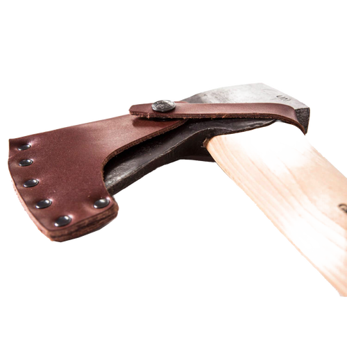Gransfors Bruk Scandinavian Forest Axe featuring a forged steel head with a protective leather sheath and a smooth wooden handle, crafted for Farm, Garden & Tool and Wood Cutting collections.