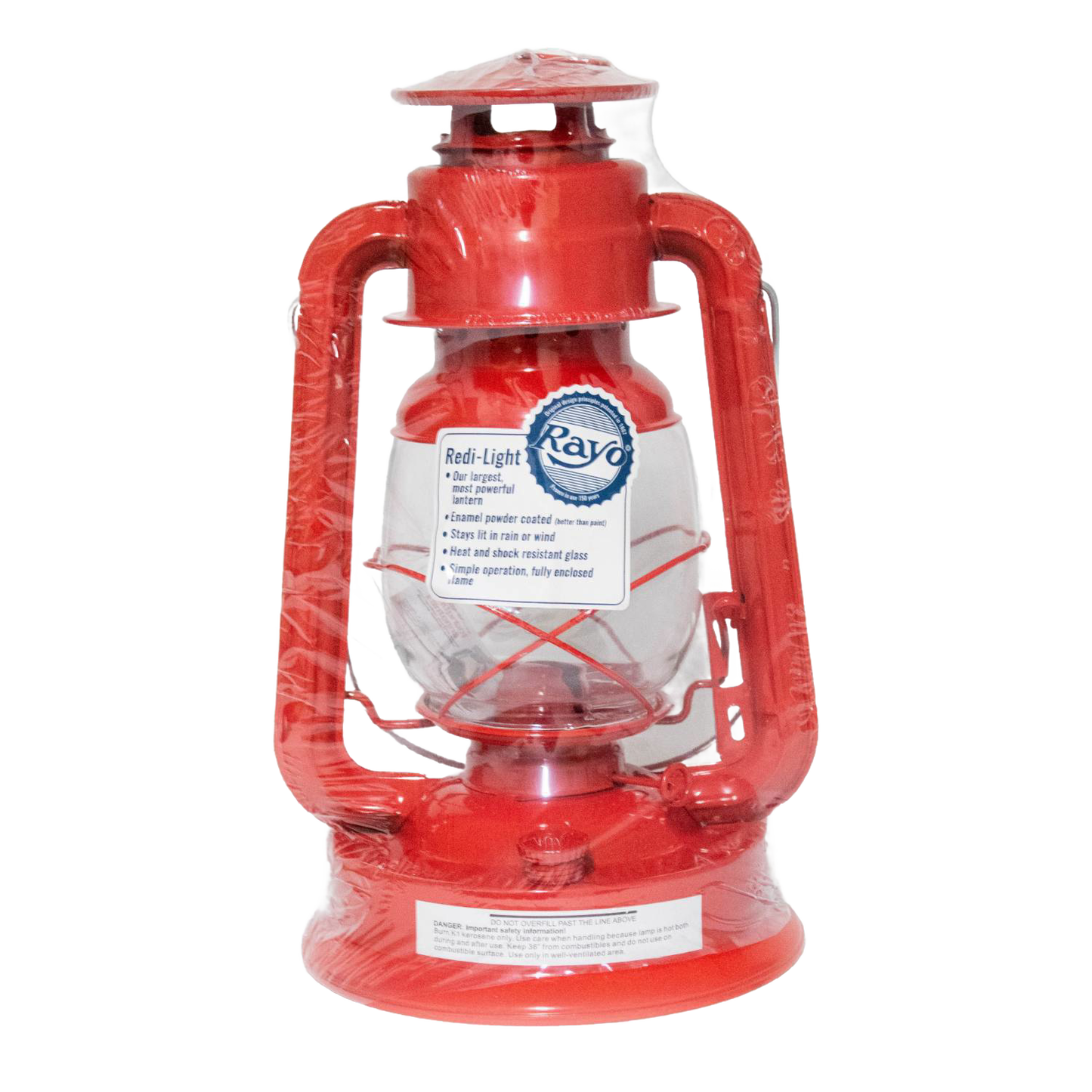 Bright red handcrafted lantern with powder-coated finish, clear glass globe with protective wire guard, designed for weather-resistant use in Farm, Garden & Tool, Camping, Emergency Supplies, and Lamps & Lighting collections.