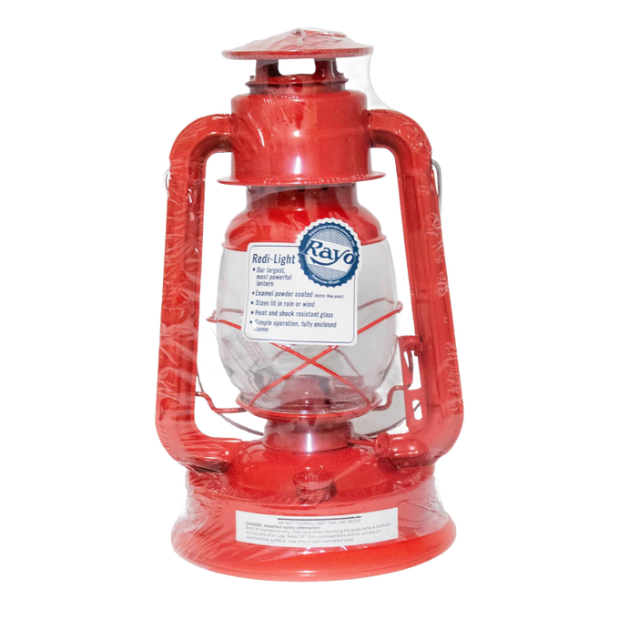 Bright red handcrafted lantern with powder-coated finish, clear glass globe with protective wire guard, designed for weather-resistant use in Farm, Garden & Tool, Camping, Emergency Supplies, and Lamps & Lighting collections.