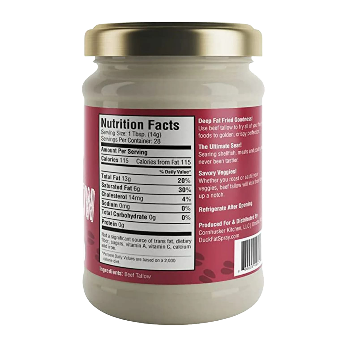 Glass jar of gourmet rendered beef tallow with a gold lid and red label featuring nutrition facts, ideal for high-heat cooking and searing, part of Kitchen & Food, Pantry, USA Made, and Best Sellers collections.