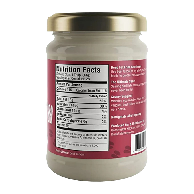 Glass jar of gourmet rendered beef tallow with a gold lid and red label featuring nutrition facts, ideal for high-heat cooking and searing, part of Kitchen & Food, Pantry, USA Made, and Best Sellers collections.