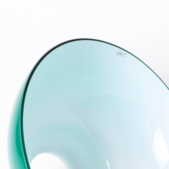 Handcrafted emerald glass lamp shade with gently curved edges, designed to soften light and fit Aladdin hanging lamps, featured in Lamps & Lighting and Best Sellers collections.