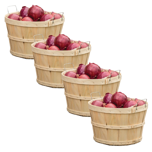 Four handcrafted raw poplar wood half bushel baskets with metal wire handles, each filled with fresh red onions; perfect for Farm, Garden & Tool, Garden Accessories, USA Made, Best Sellers collections.