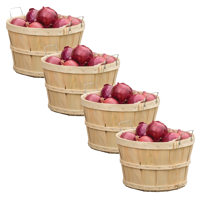 Four handcrafted raw poplar wood half bushel baskets with metal wire handles, each filled with fresh red onions; perfect for Farm, Garden & Tool, Garden Accessories, USA Made, Best Sellers collections.