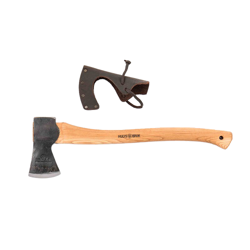 Hand-forged hatchet with a wooden handle and protective leather sheath, handcrafted for camping, farm, garden, and wood cutting tasks, featured in best sellers and tool collections.