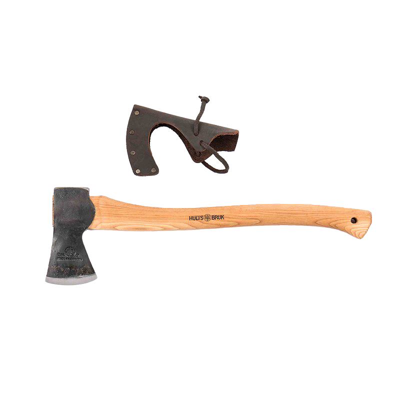 Hand-forged hatchet with a wooden handle and protective leather sheath, handcrafted for camping, farm, garden, and wood cutting tasks, featured in best sellers and tool collections.