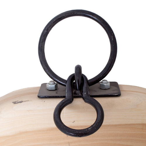 Close-up of handcrafted unfinished wood double yoke featuring durable black metal rings and hardware, a unique traditional farm tool in Farm, Garden & Tool, Farm Tools, and Best Sellers collections.
