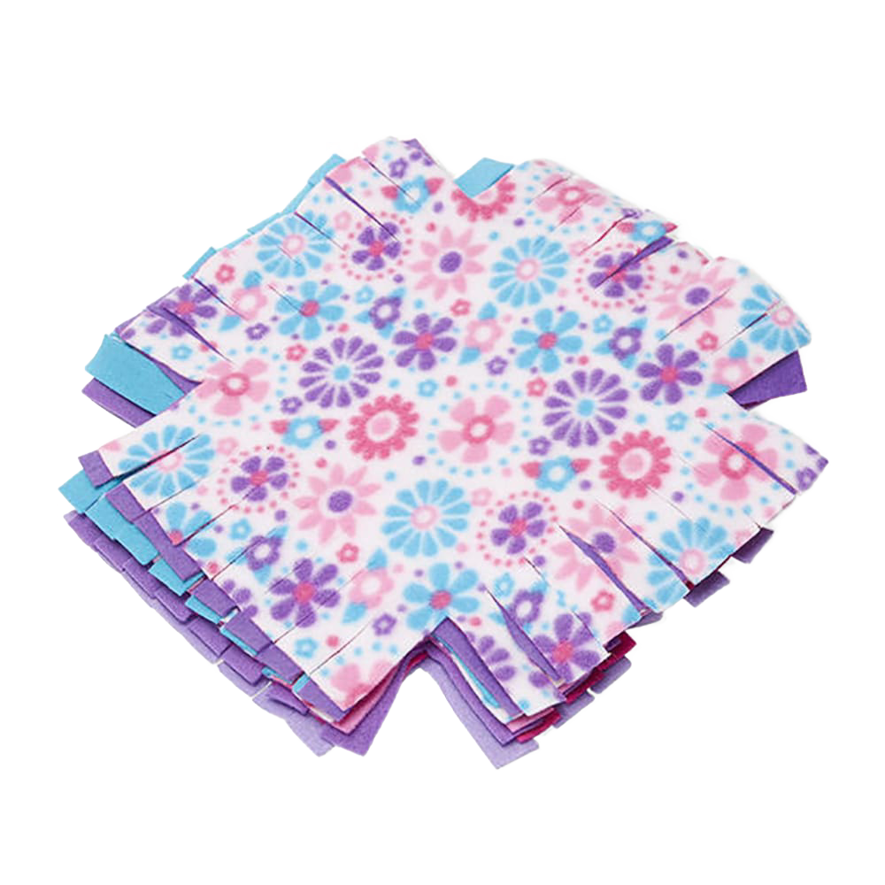 Stack of colorful, super soft fleece squares with fringe edges in pastel floral and solid purple and blue patterns, designed for a hands-on flower quilt craft in children's arts and crafts collections.