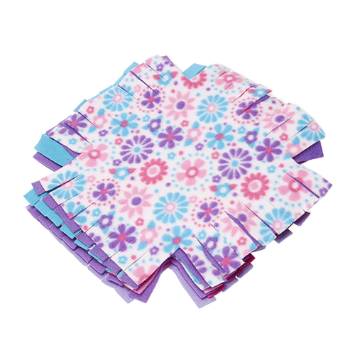 Stack of colorful, super soft fleece squares with fringe edges in pastel floral and solid purple and blue patterns, designed for a hands-on flower quilt craft in children's arts and crafts collections.