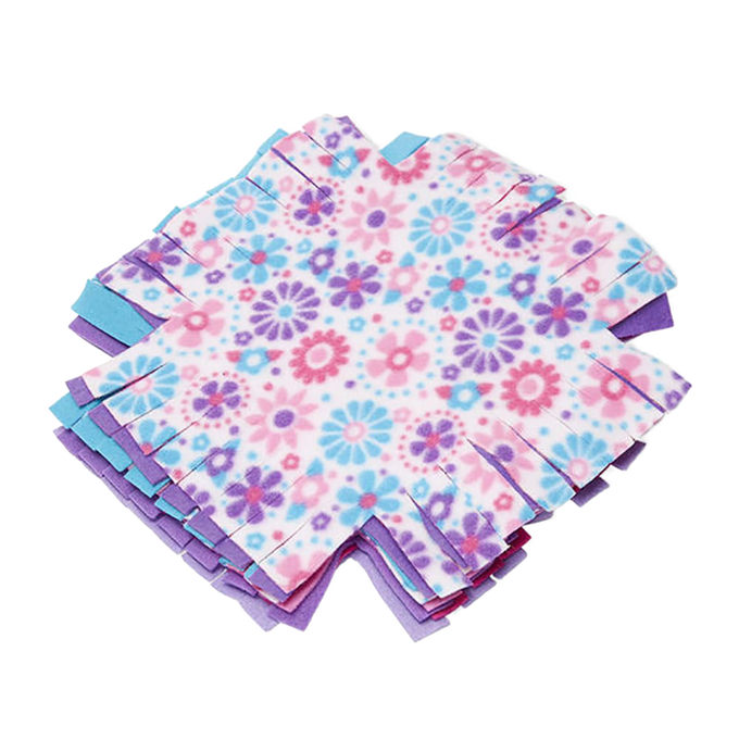 Stack of colorful, super soft fleece squares with fringe edges in pastel floral and solid purple and blue patterns, designed for a hands-on flower quilt craft in children's arts and crafts collections.