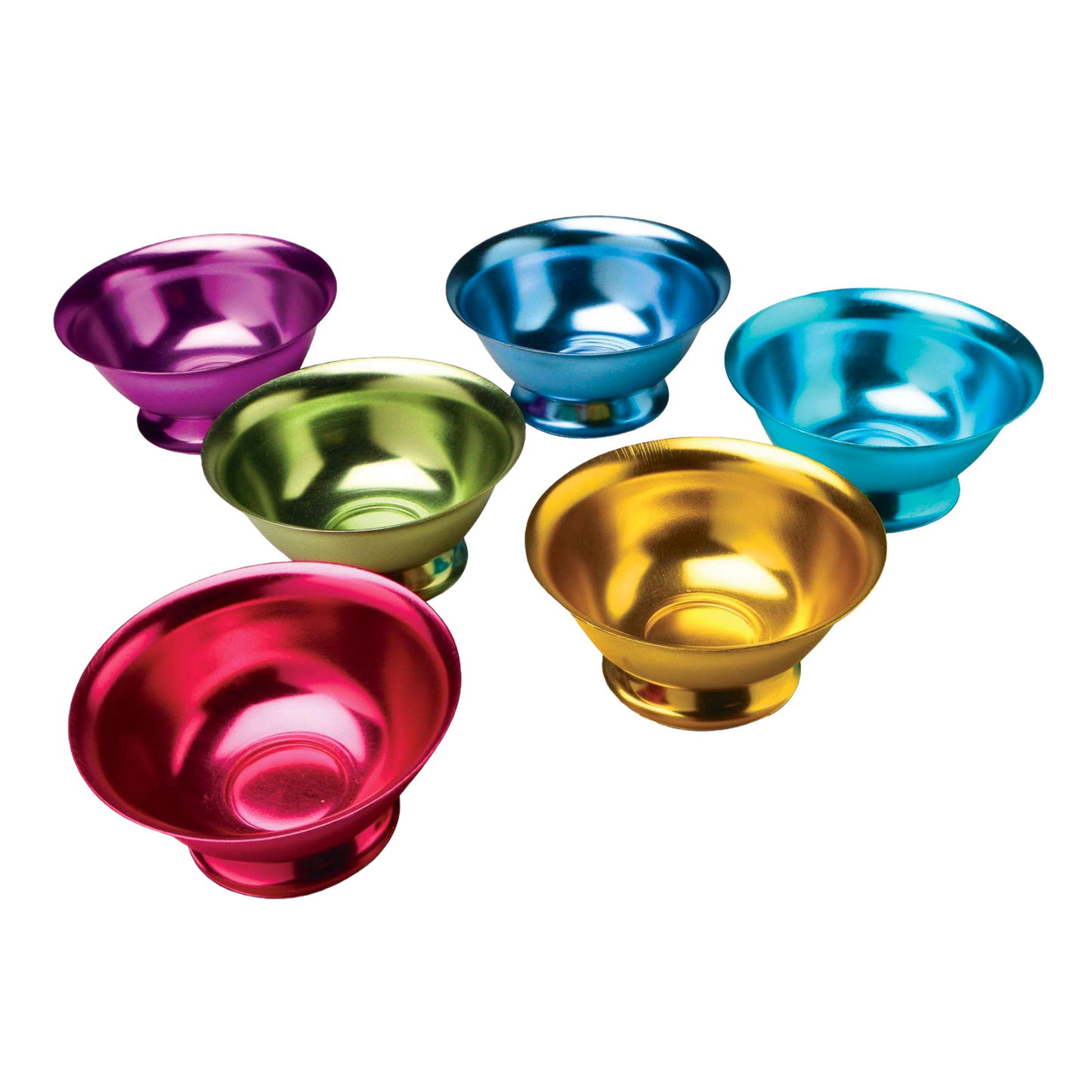 Set of six handcrafted aluminum ice cream bowls in vibrant purple, blue, bright blue, green, gold, and pink, featured in Kitchen & Food, Dinnerware, and Specialty Equipment collections.