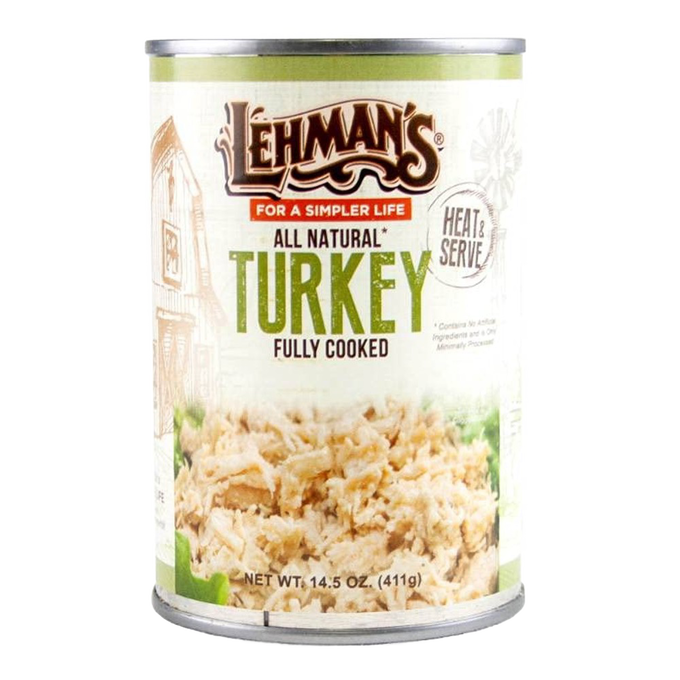 Can of Lehman’s all-natural fully cooked canned turkey, heat and serve convenience, ideal for emergency supplies and everyday meals in Farm, Garden & Tool, Kitchen & Food, and Meats collections.