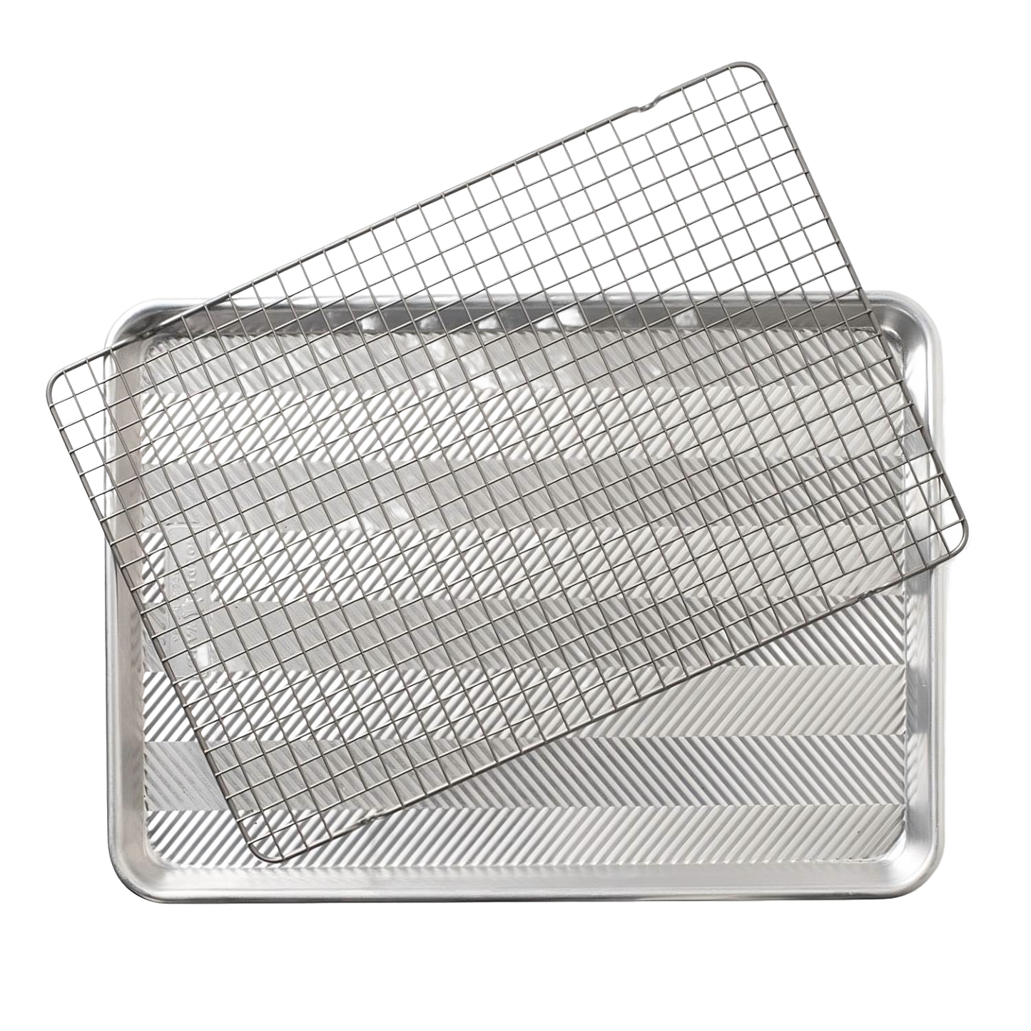 Half-sheet baking pan with a removable oven-safe nonstick grid featuring an embossed pattern for airflow and easy release, crafted from natural aluminum, made in USA, ideal for Kitchen & Food, Cookware, Baking Supplies, Pots and Pans, Best Sellers, and Promo Eligible collections.