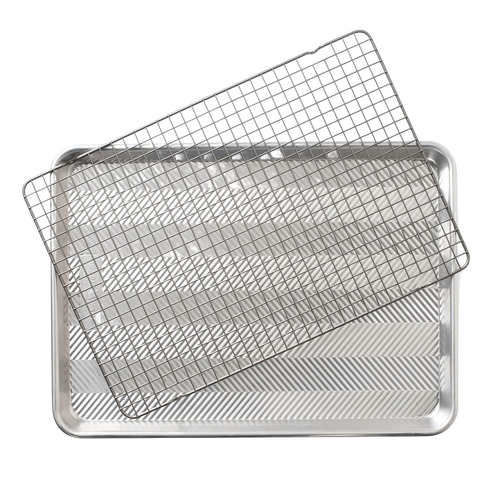 Half-sheet baking pan with a removable oven-safe nonstick grid featuring an embossed pattern for airflow and easy release, crafted from natural aluminum, made in USA, ideal for Kitchen & Food, Cookware, Baking Supplies, Pots and Pans, Best Sellers, and Promo Eligible collections.