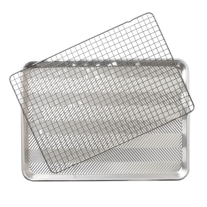 Half-sheet baking pan with a removable oven-safe nonstick grid featuring an embossed pattern for airflow and easy release, crafted from natural aluminum, made in USA, ideal for Kitchen & Food, Cookware, Baking Supplies, Pots and Pans, Best Sellers, and Promo Eligible collections.