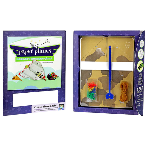 Let's Make Paper Planes Kit displayed in open box packaging featuring cardboard plane components, a blue plastic launcher, colorful clips, and rubber bands, part of toys and arts collections.