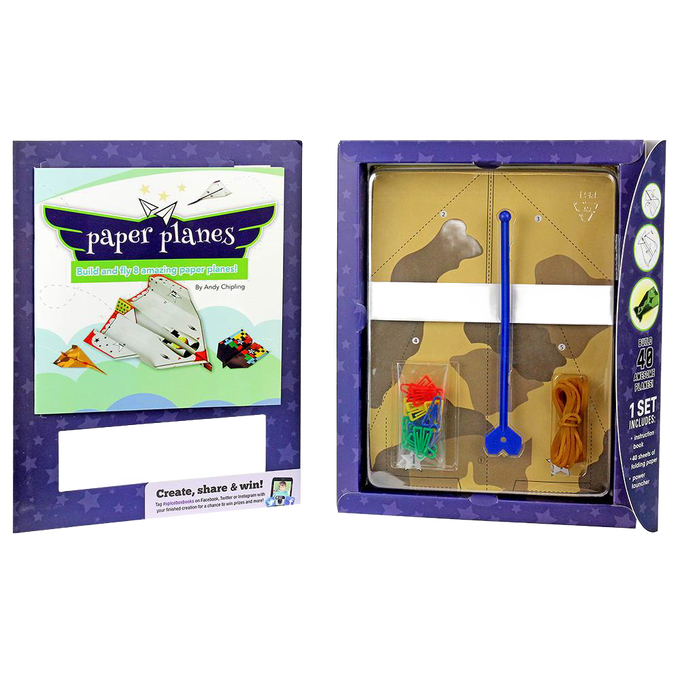 Let's Make Paper Planes Kit displayed in open box packaging featuring cardboard plane components, a blue plastic launcher, colorful clips, and rubber bands, part of toys and arts collections.
