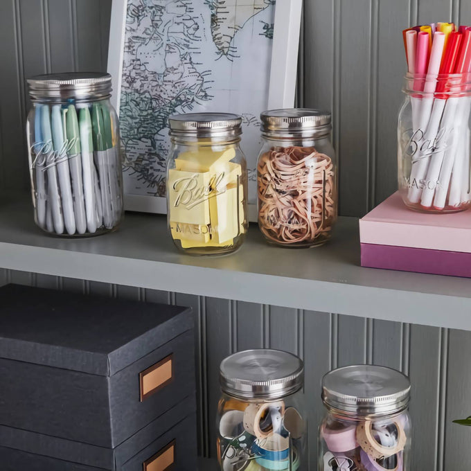 Set of three rust-proof stainless steel lids on regular mouth glass jars used for organizing office supplies, featured in Kitchen & Food, Storage and Serving, Best Sellers, and Promo Eligible collections.