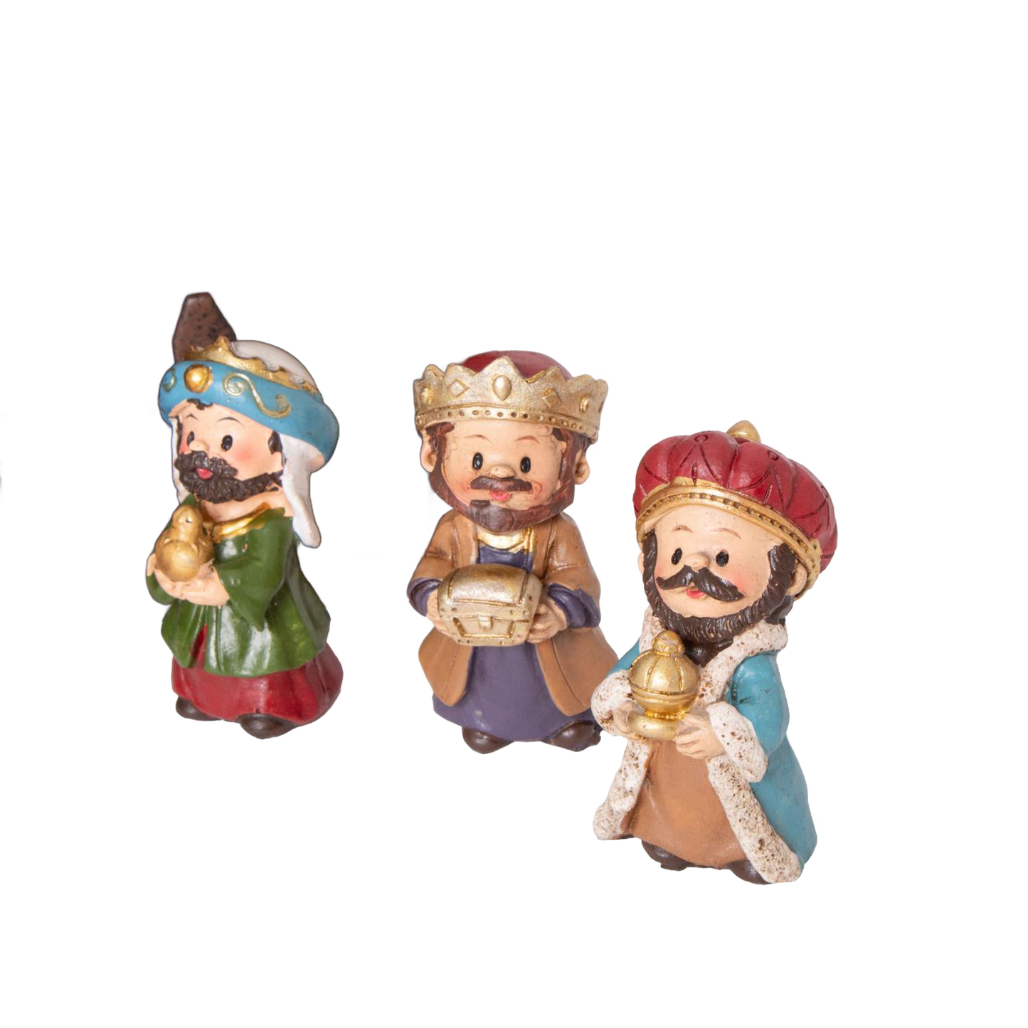 Three hand-painted figurines of the Magi wearing colorful robes and crowns, part of a handcrafted nativity set for holiday decor and home display.