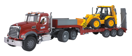 Bruder Toys MACK Granite Truck with Lowboy Trailer & JCB 4CX Backhoe Loader