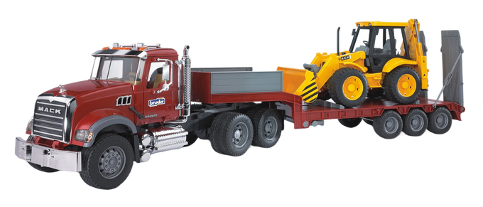 Bruder Toys MACK Granite Truck with Lowboy Trailer & JCB 4CX Backhoe Loader