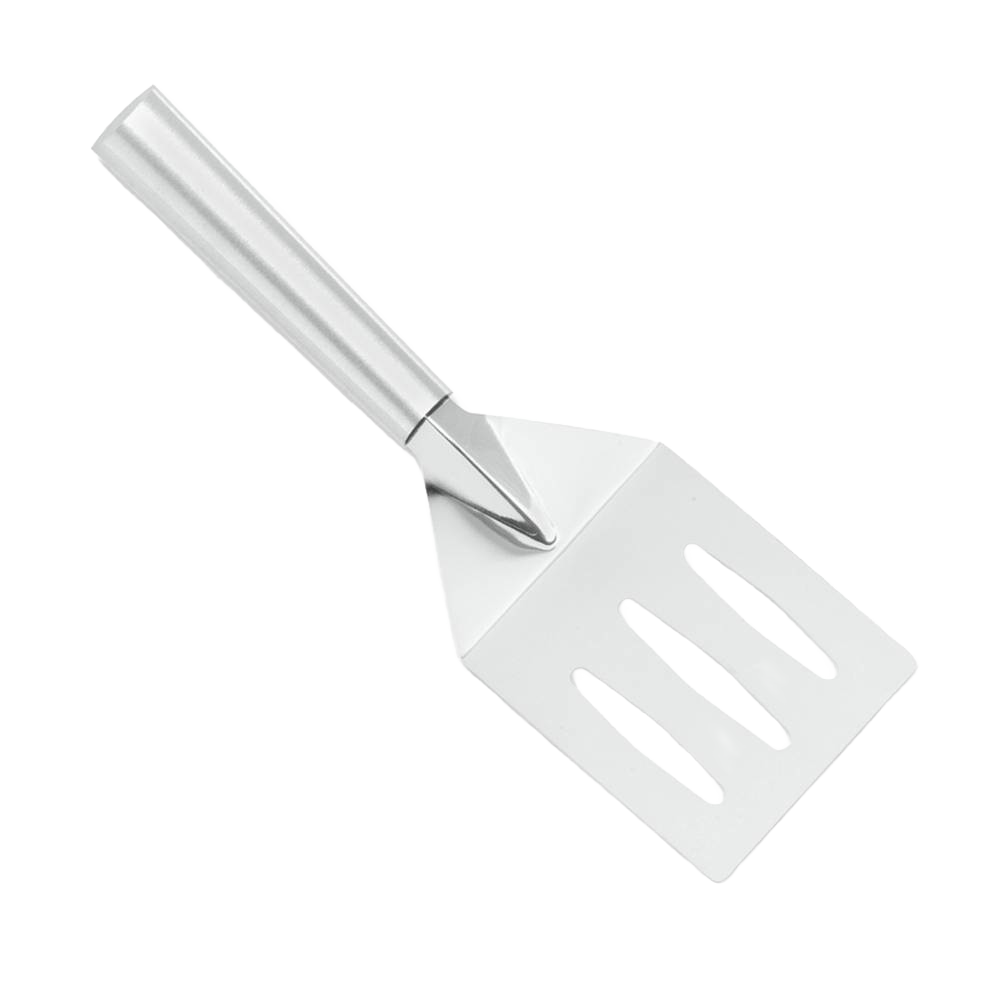 Durable stainless steel turnover spatula with angled, slotted blade for easy flipping and draining, crafted in the USA, featured in Kitchen & Food, Storage and Serving, and Best Sellers collections.