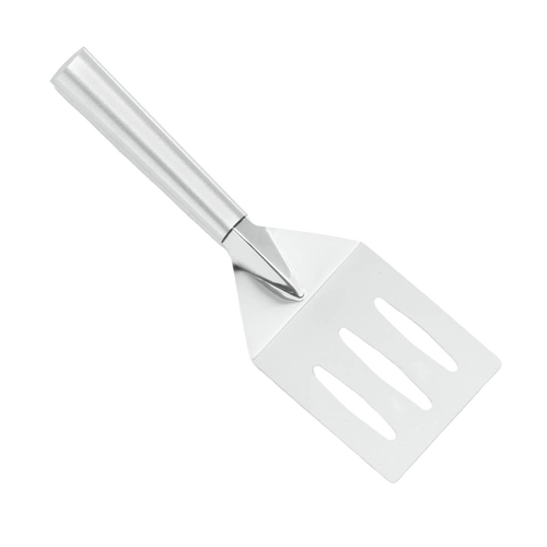 Durable stainless steel turnover spatula with angled, slotted blade for easy flipping and draining, crafted in the USA, featured in Kitchen & Food, Storage and Serving, and Best Sellers collections.