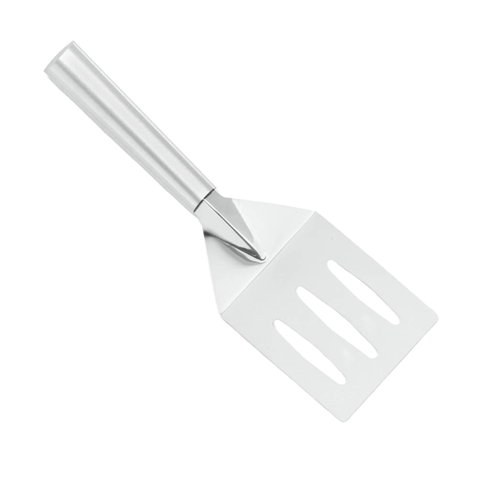 Durable stainless steel turnover spatula with angled, slotted blade for easy flipping and draining, crafted in the USA, featured in Kitchen & Food, Storage and Serving, and Best Sellers collections.