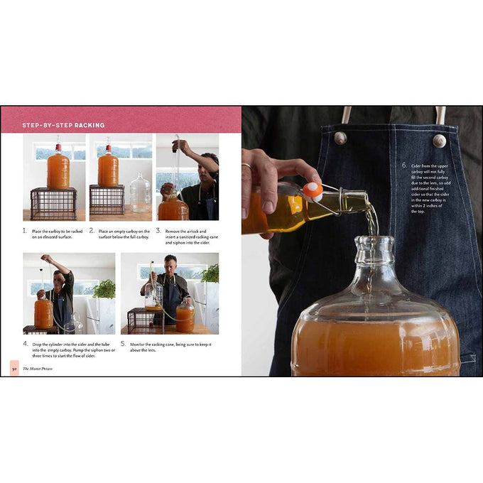 Two-page spread showing step-by-step racking instructions for cider making with a series of photos and a person carefully pouring cider from a bottle into a glass carboy, featured in Toys, Books & Games, Books, Home and Garden How-To Books, Best Sellers, Promo Eligible collections.