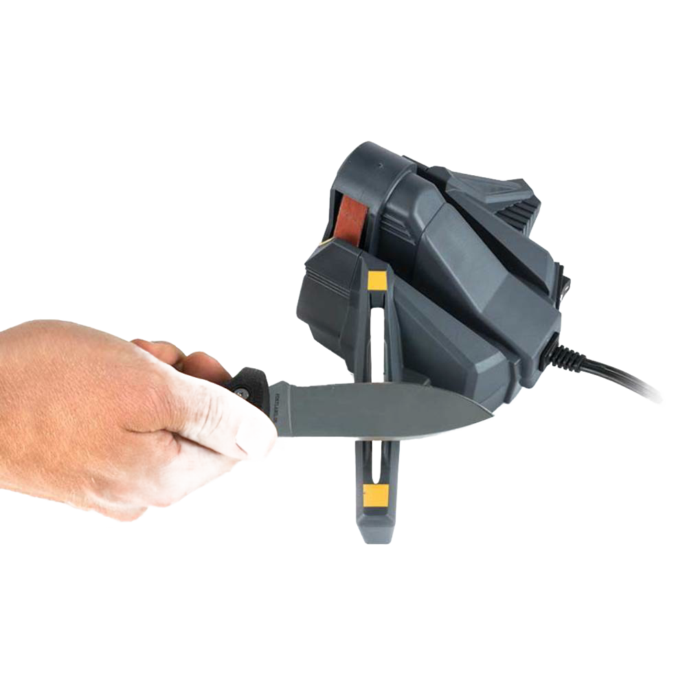 Handheld electric knife sharpener with powered abrasive belt and manual ceramic honing rod, demonstrating sharpening of a hunting knife, suitable for Farm, Garden & Tool and Kitchen & Food collections.