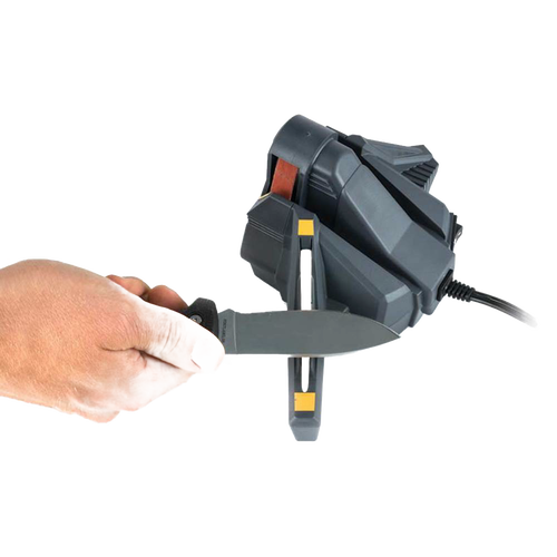 Handheld electric knife sharpener with powered abrasive belt and manual ceramic honing rod, demonstrating sharpening of a hunting knife, suitable for Farm, Garden & Tool and Kitchen & Food collections.