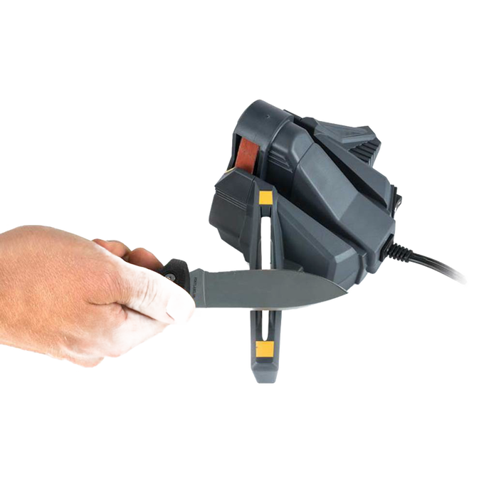 Handheld electric knife sharpener with powered abrasive belt and manual ceramic honing rod, demonstrating sharpening of a hunting knife, suitable for Farm, Garden & Tool and Kitchen & Food collections.