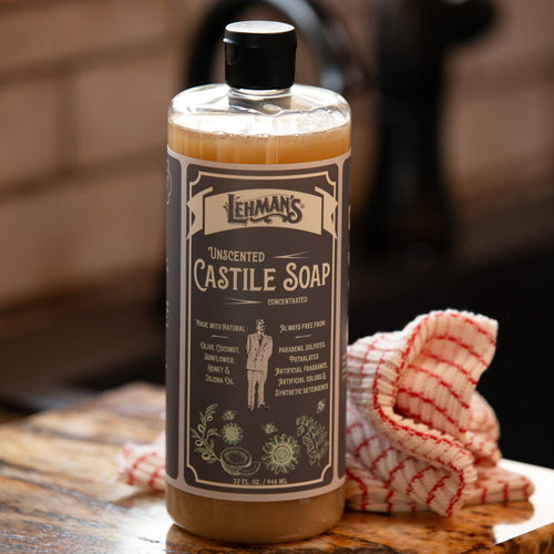 Clear bottle of Lehman's handcrafted unscented castile soap with a natural formulation of plant-based oils, highlighting an exclusive, multi-use product in Grooming, Health & Wellness, and USA Made collections.
