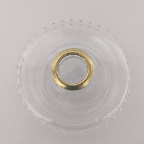 Clear glass oil lamp bracket font with polished brass collar featuring decorative raised detailing, designed for use in lamps & lighting, oil lamps, wall lamps, best sellers, and promo collections.