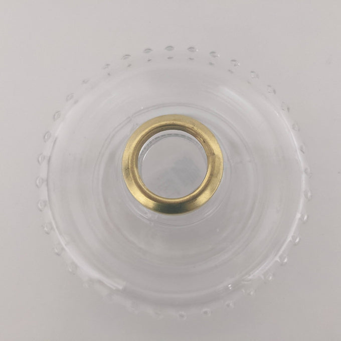 Clear glass oil lamp bracket font with polished brass collar featuring decorative raised detailing, designed for use in lamps & lighting, oil lamps, wall lamps, best sellers, and promo collections.