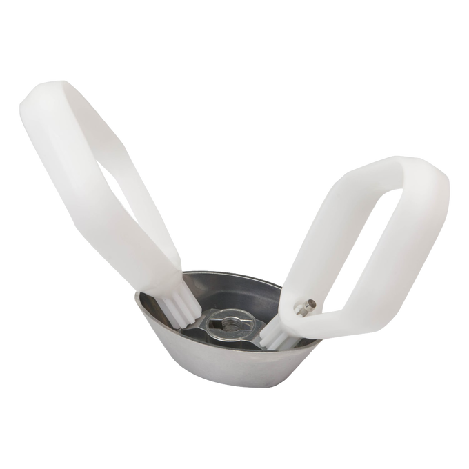 Durable metal cookie paddle attachment with white plastic handles compatible with Bosch and NutriMill mixers, designed for mixing medium to thick batters, made in USA, ideal for Kitchen & Food and Baking Supplies collections.