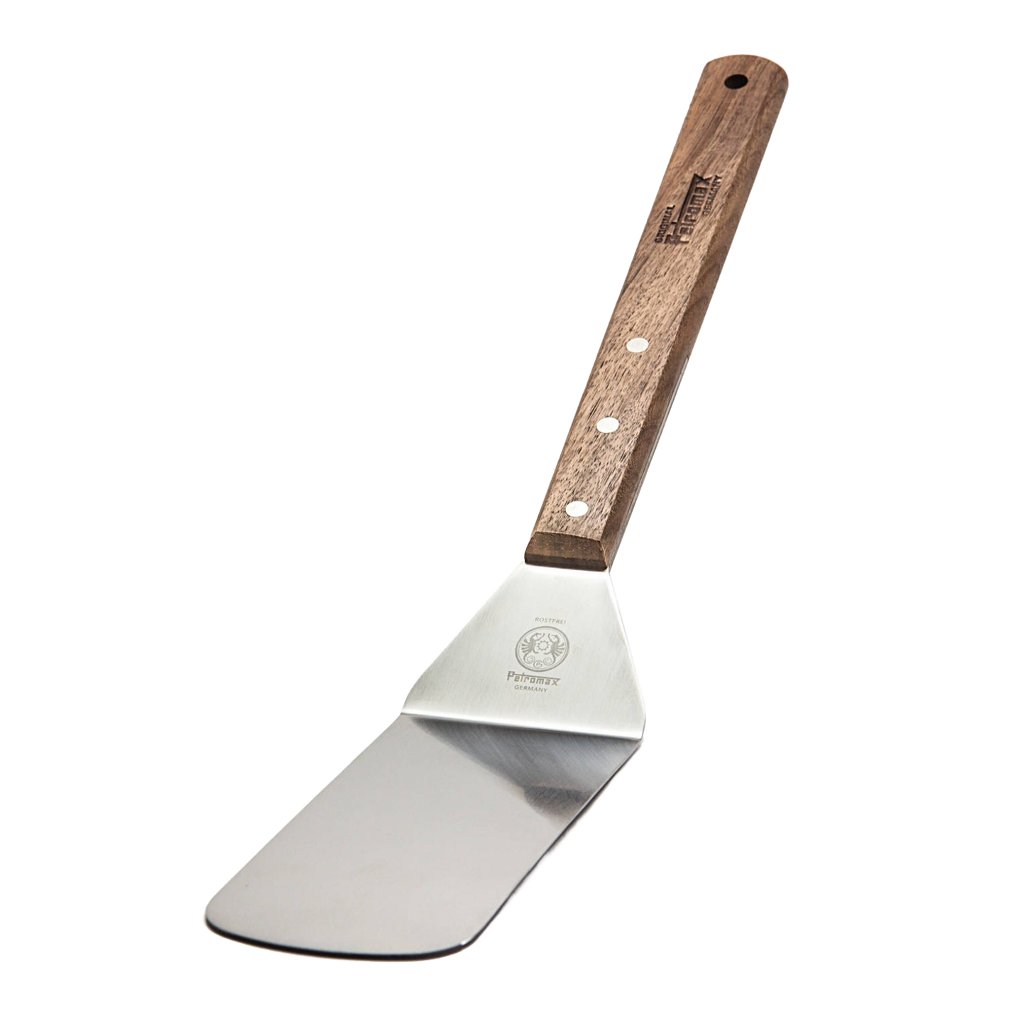 Flexible spatula with a polished stainless steel blade and ergonomic wooden handle engraved with branding, perfect for grilling and kitchen tasks in Cooking and Baking Helpers.