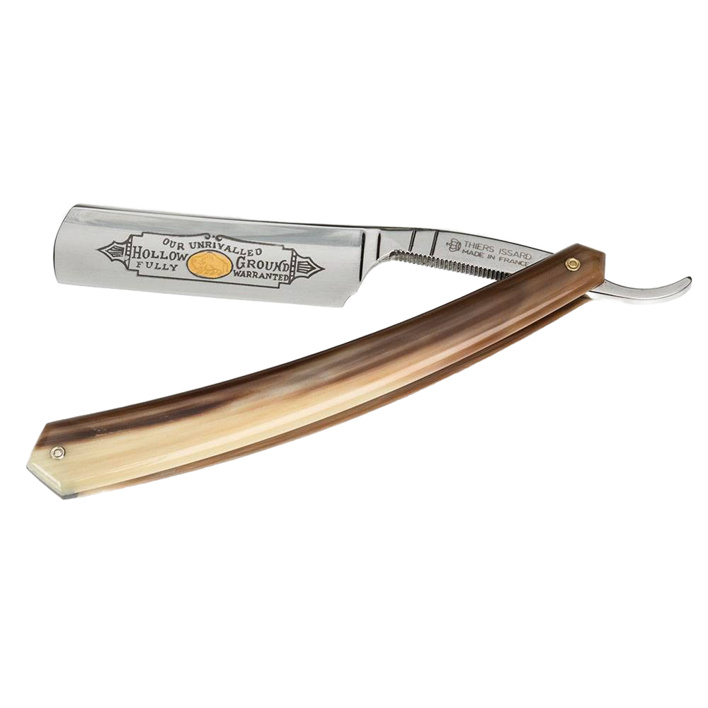 Handcrafted Thiers-Issard straight razor with a finely engraved hollow ground blade and smooth natural-toned handle, featured in Health & Wellness, Grooming and Personal Hygiene, Best Sellers, and Promo Eligible collections.