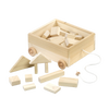 Handcrafted wooden pull wagon filled with assorted natural wooden blocks, featuring a pull rope and wheels, Amish made in USA, ideal for children's indoor play and wooden toy collections.