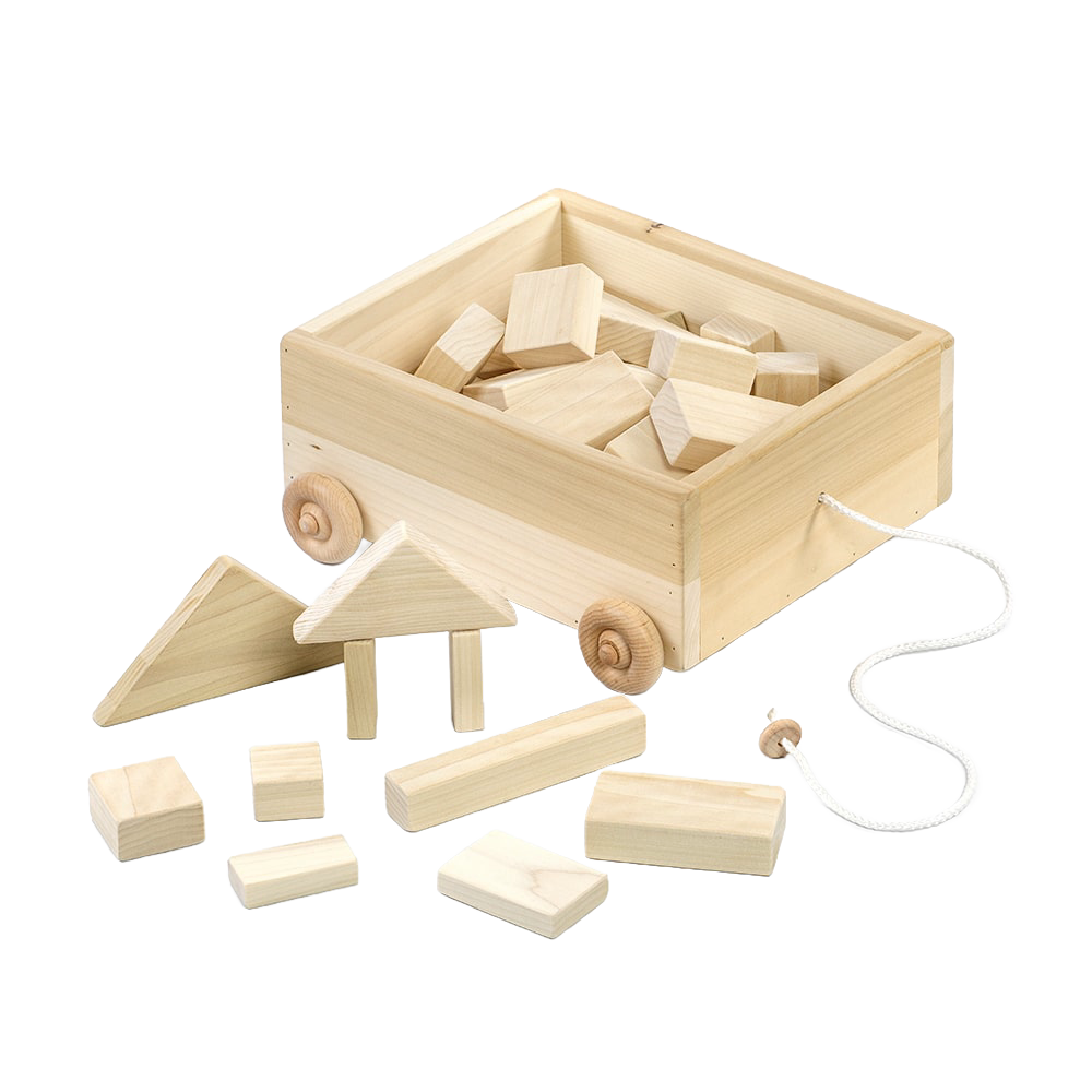 Handcrafted wooden pull wagon filled with assorted natural wooden blocks, featuring a pull rope and wheels, Amish made in USA, ideal for children's indoor play and wooden toy collections.