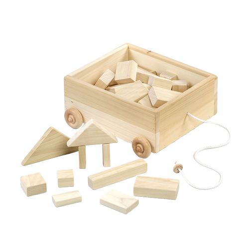Handcrafted wooden pull wagon filled with assorted natural wooden blocks, featuring a pull rope and wheels, Amish made in USA, ideal for children's indoor play and wooden toy collections.