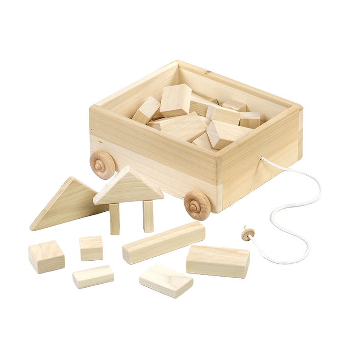 Handcrafted wooden pull wagon filled with assorted natural wooden blocks, featuring a pull rope and wheels, Amish made in USA, ideal for children's indoor play and wooden toy collections.