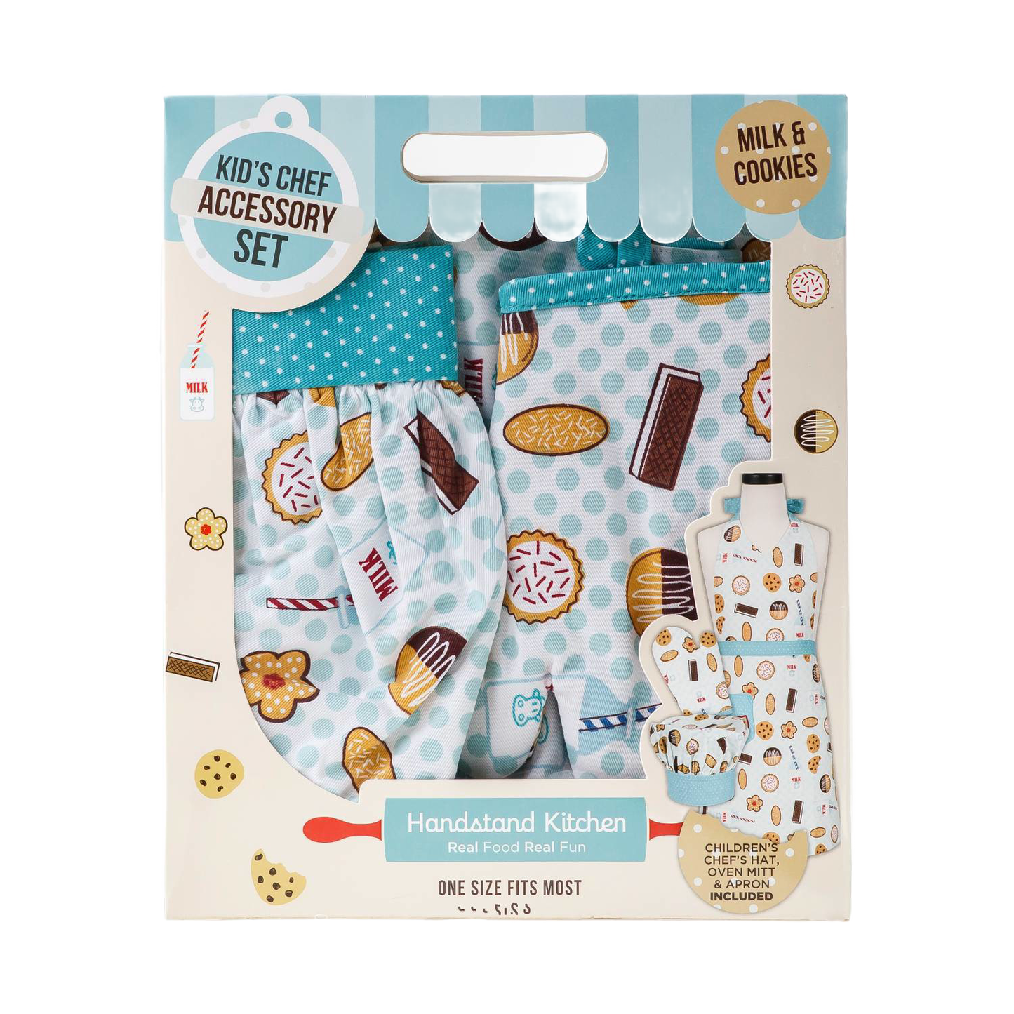 Kids kitchen accessory set featuring patterned chef hat and apron with cookies and milk designs, ideal for creative play in Kitchen & Food, Children's Toys, and Arts and Crafts collections.