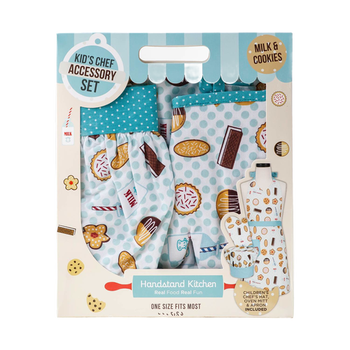 Kids kitchen accessory set featuring patterned chef hat and apron with cookies and milk designs, ideal for creative play in Kitchen & Food, Children's Toys, and Arts and Crafts collections.