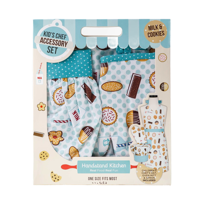 Kids kitchen accessory set featuring patterned chef hat and apron with cookies and milk designs, ideal for creative play in Kitchen & Food, Children's Toys, and Arts and Crafts collections.