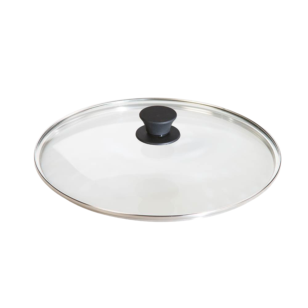 Clear round tempered glass lid with stainless steel rim and black knob handle, designed for cast iron cookware, suitable for Kitchen & Food, Cookware, Cast Iron, Pots and Pans, and Best Sellers collections.